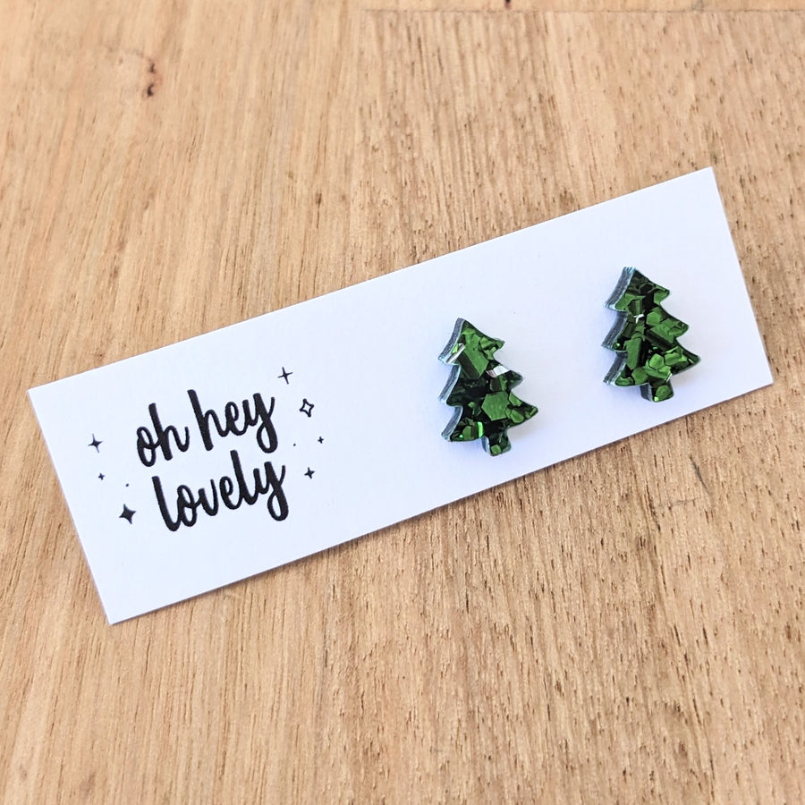 'Christmas Tree - Green Chunky Glitter' Mini Stud Earrings