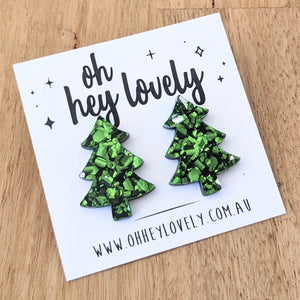 'Christmas Tree - Chunky Green Acrylic' Statement Stud Earrings