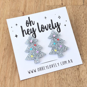 'Christmas Tree - Silver Glitter' Statement Stud Earrings