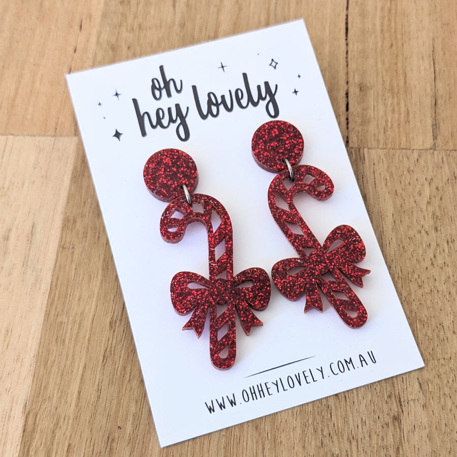 'Candy Cane - Red Glitter' Dangle Earrings