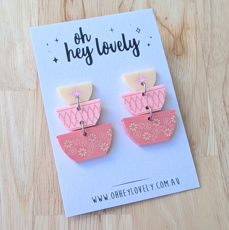 'Pyrex Mixing Bowls - Pinks' Dangle Earrings