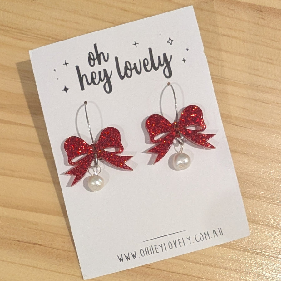 'Pearl Bow Hoops - Red' Dangle Earrings