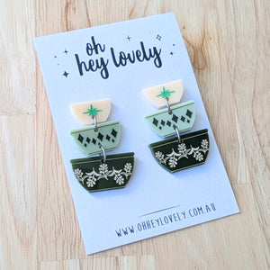 'Pyrex Mixing Bowls - Greens' Dangle Earrings
