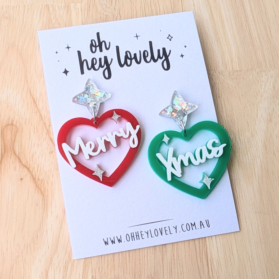 'Merry Xmas Hearts' Dangle Earrings