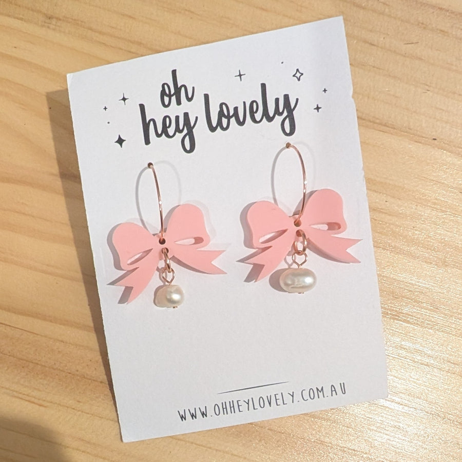 'Pearl Bow Hoops - Pink' Dangle Earrings