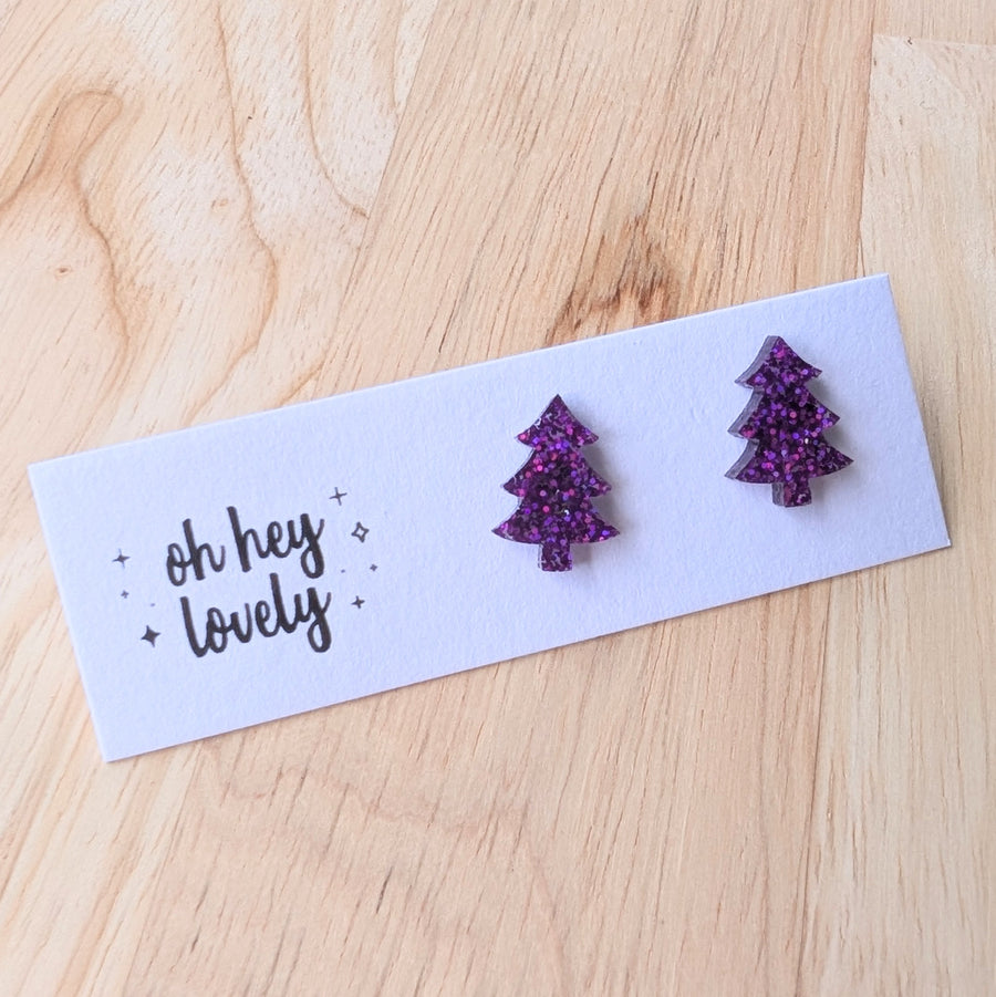 'Christmas Tree - Purple Glitter' Mini Stud Earrings