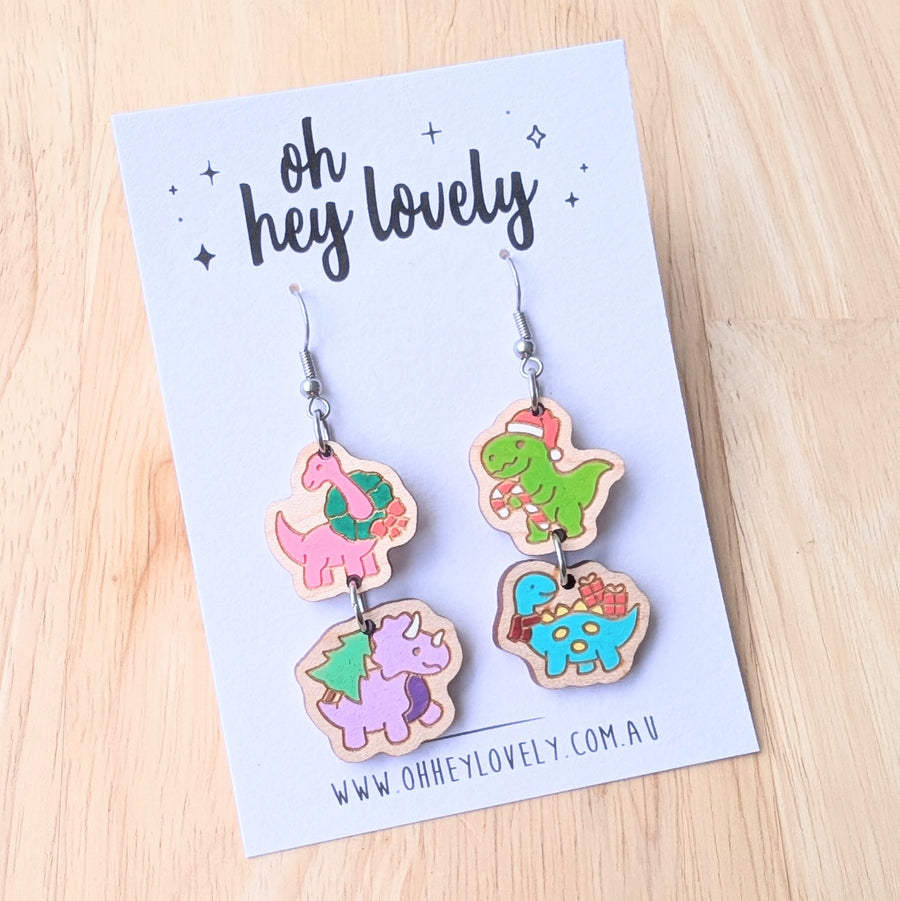 'Festive Dinosaurs' Dangle Earrings